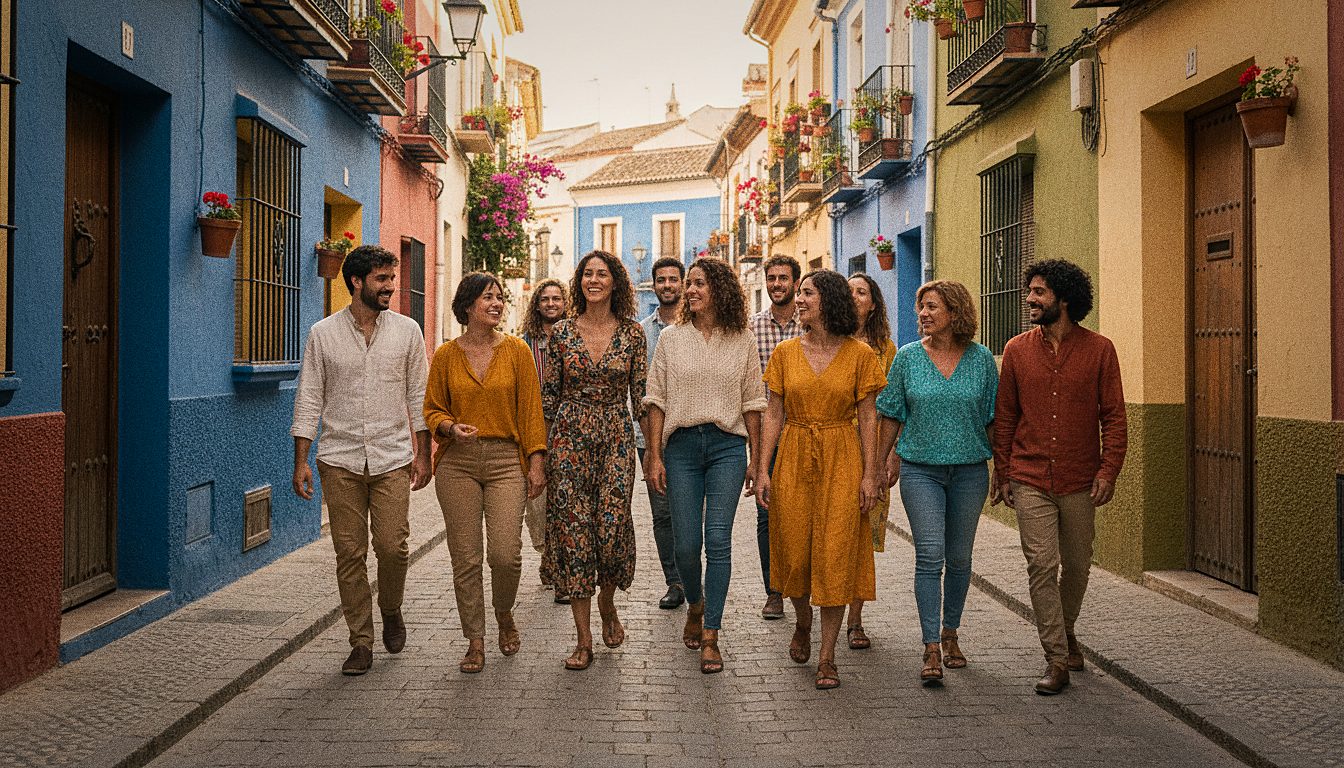 Calle animada de un barrio de Barcelona con gente socializando